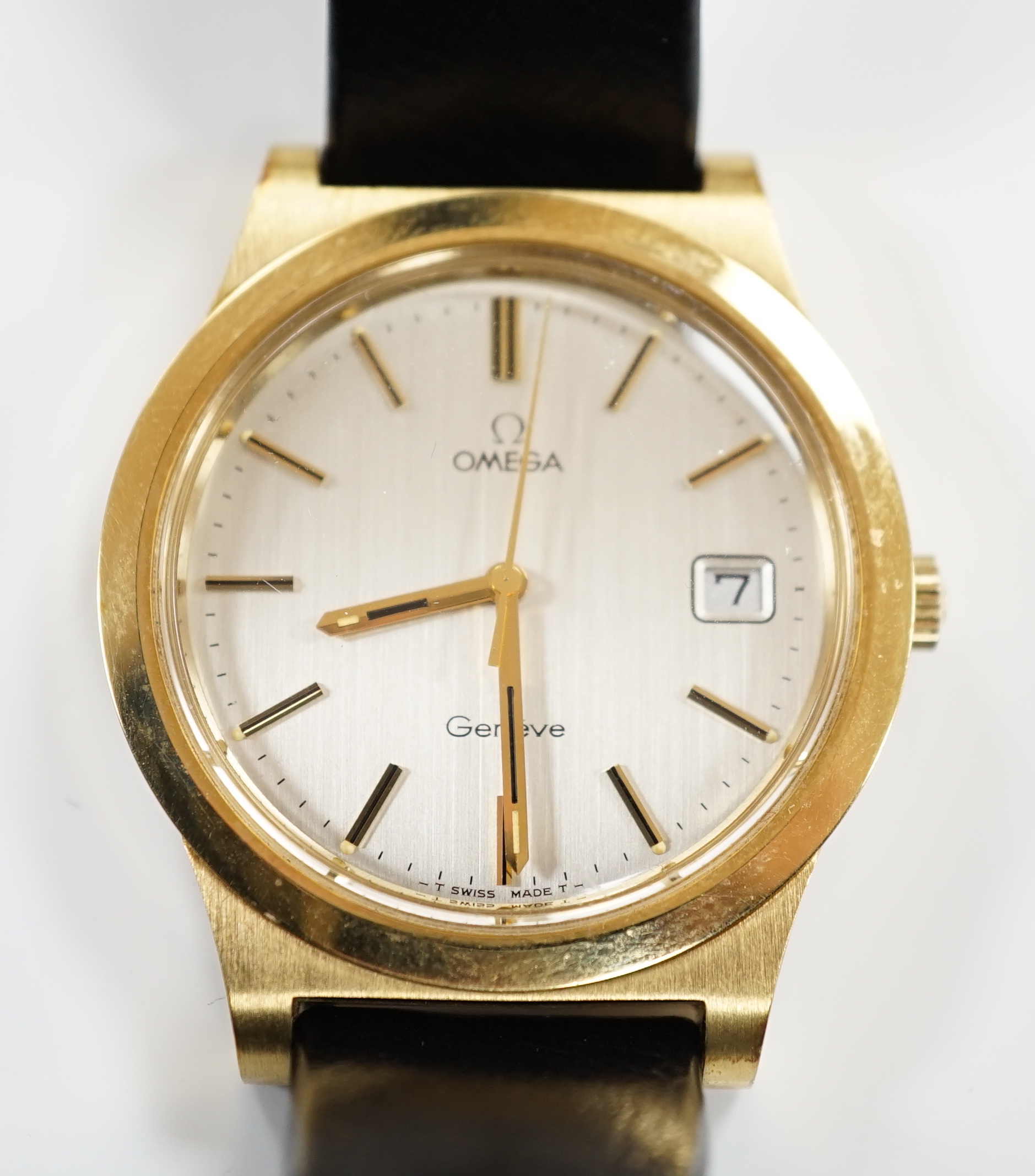 A gentleman's steel and gold plated Omega manual wind wrist watch, with date aperture, on an Omega leather strap with Omega buckle, case diameter 37mm, with box, no papers.